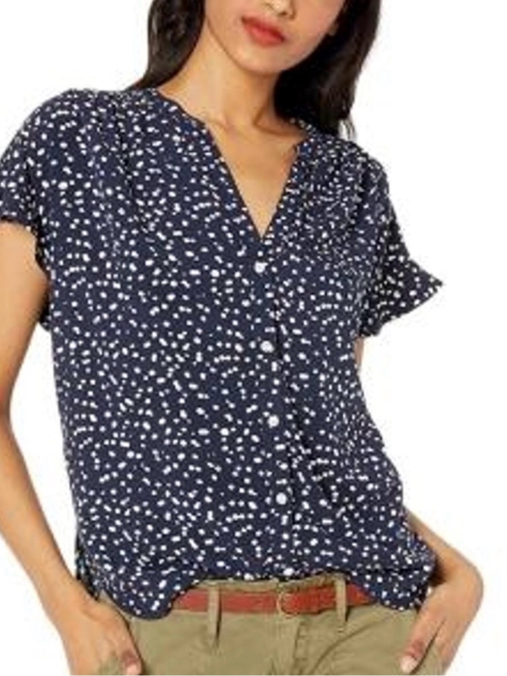 J. Crew Mercantile Navy Blue Short Sleeve V-Neck Button-Front Blouse